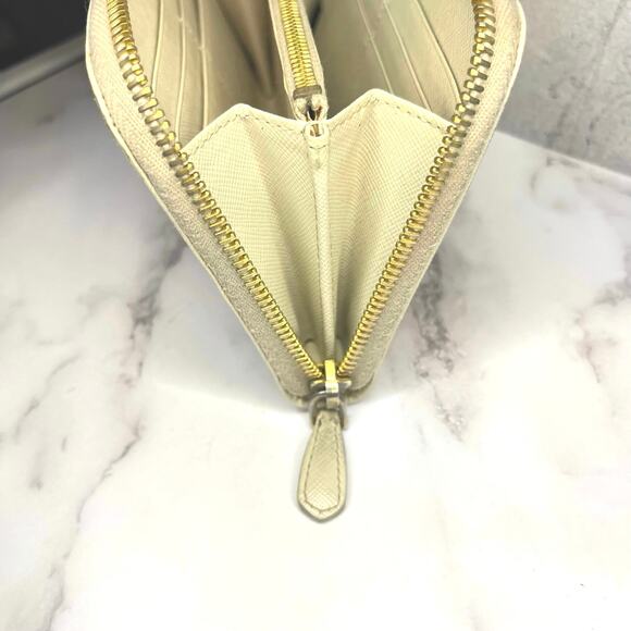 Prada Saffiano Cream Leather Zip Wallet Gold Hardware with Authenticity Card - Picture 11 of 12